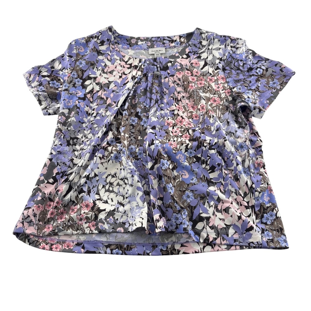 Nikki Petite Womens Purple Floral Short Sleeve Pleated Scoop Neck Blouse PM